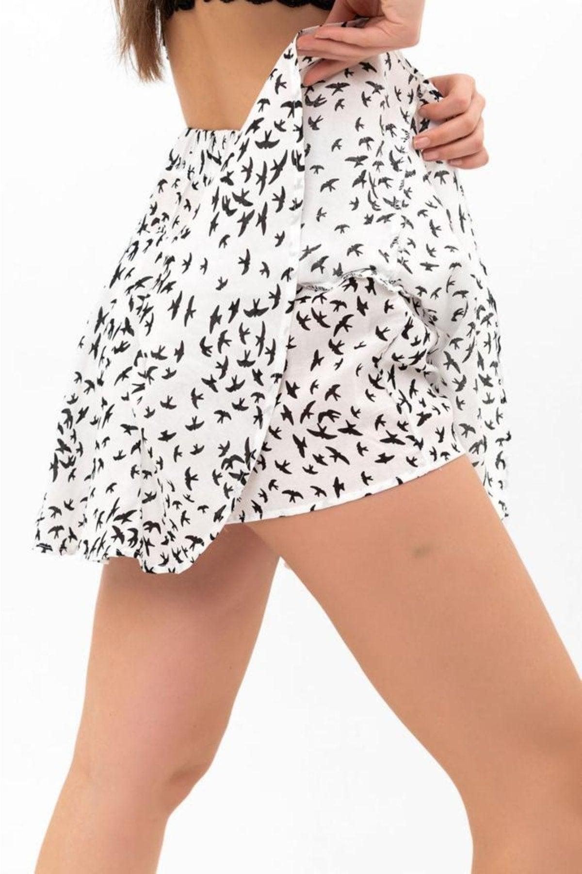 Summer Mini Short Shorts Skirt Soft Woven Viscose Printed High Waist, Elastic Back Waist - Swordslife