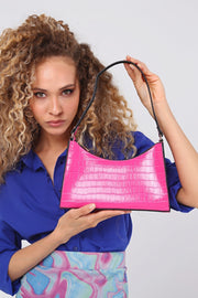 Fuchsia Pink Crocodile Patterned Baguette Baguette Hand And Shoulder Bag Gc009017K