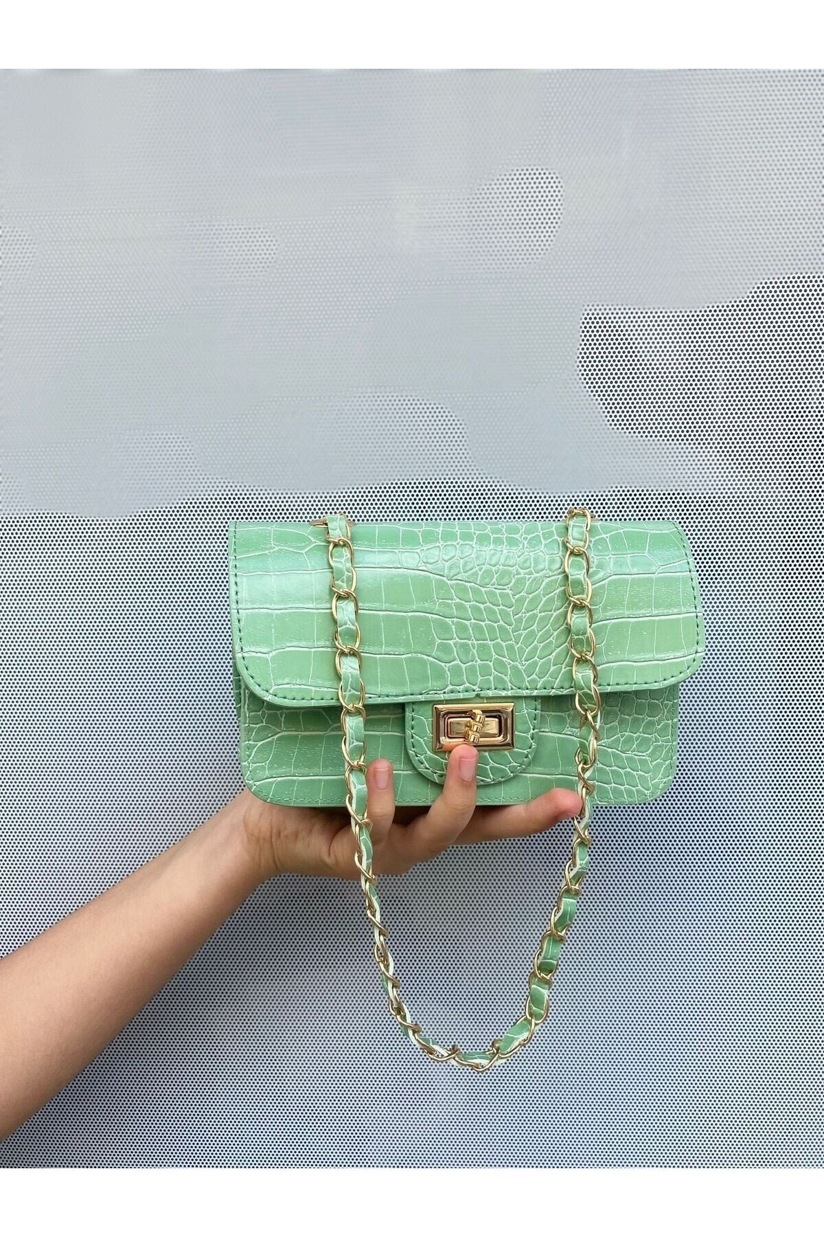Women'S Mint Green Crocodile Patterned Mini Shoulder Bag