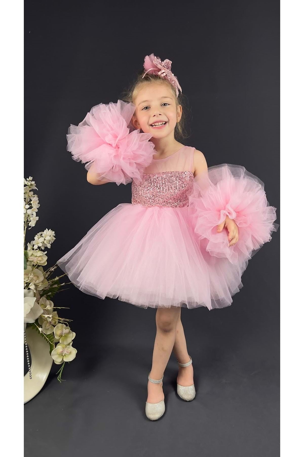 Chiffon Robe Pompom Sleeve Sequined Girls Fluffy Skirt Tulle Evening Dress Pink