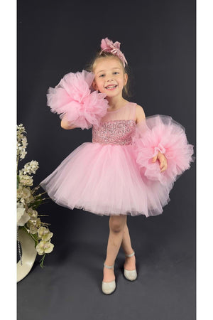 Chiffon Robe Pompom Sleeve Sequined Girls Fluffy Skirt Tulle Evening Dress Pink