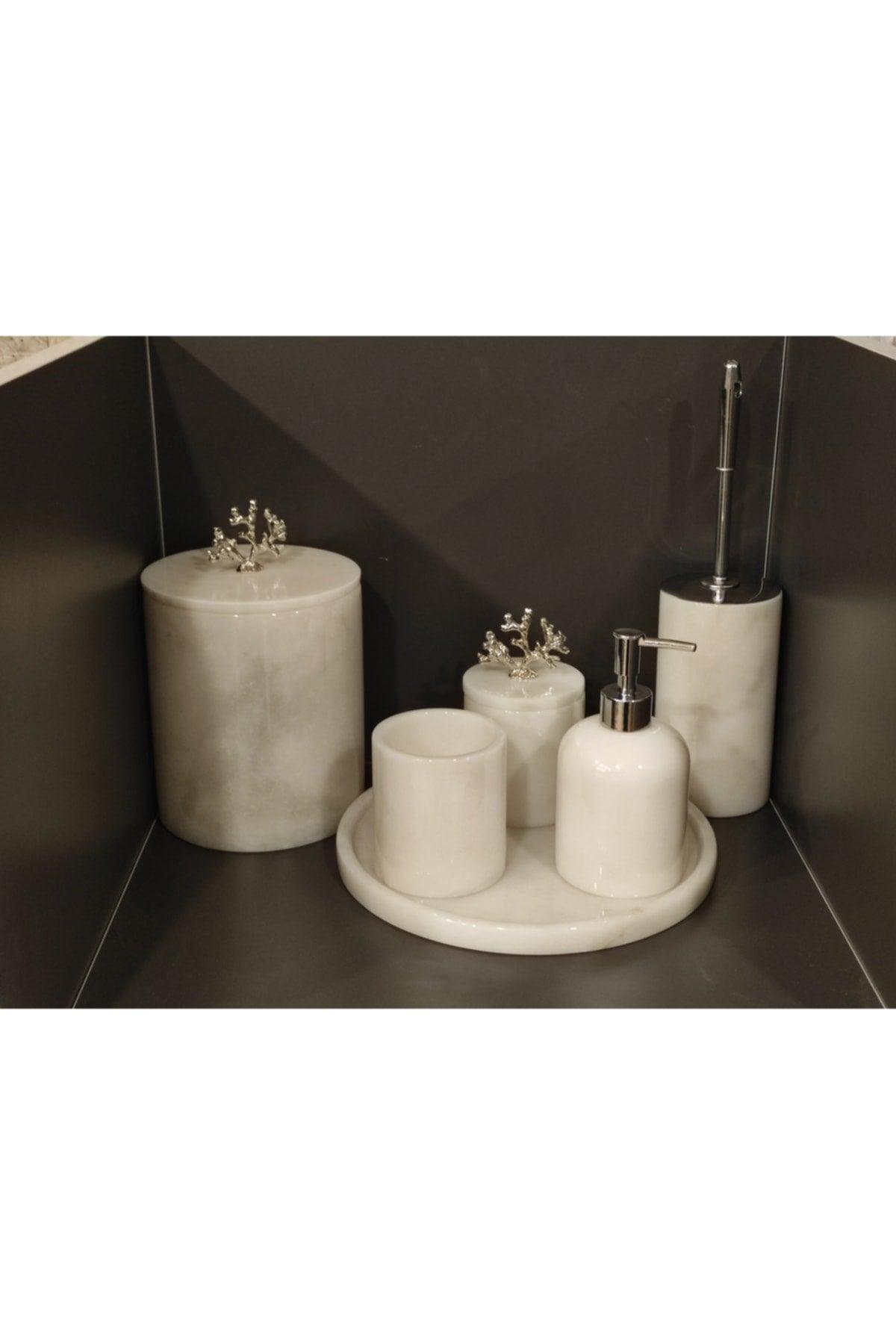 White Marble 6 Pcs Bathroom Set With Chrome Coral Accessories - Swordslife