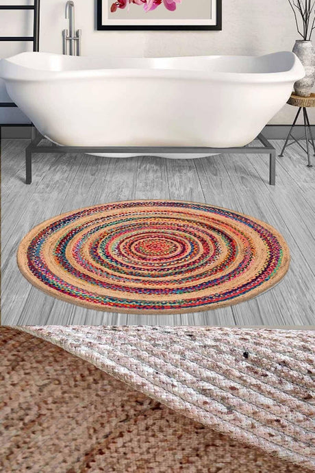 Else Decor Colorful Striped Pattern Rope Straw Jute Knit Round Shower Front Bath Mat 120x120cm - Swordslife