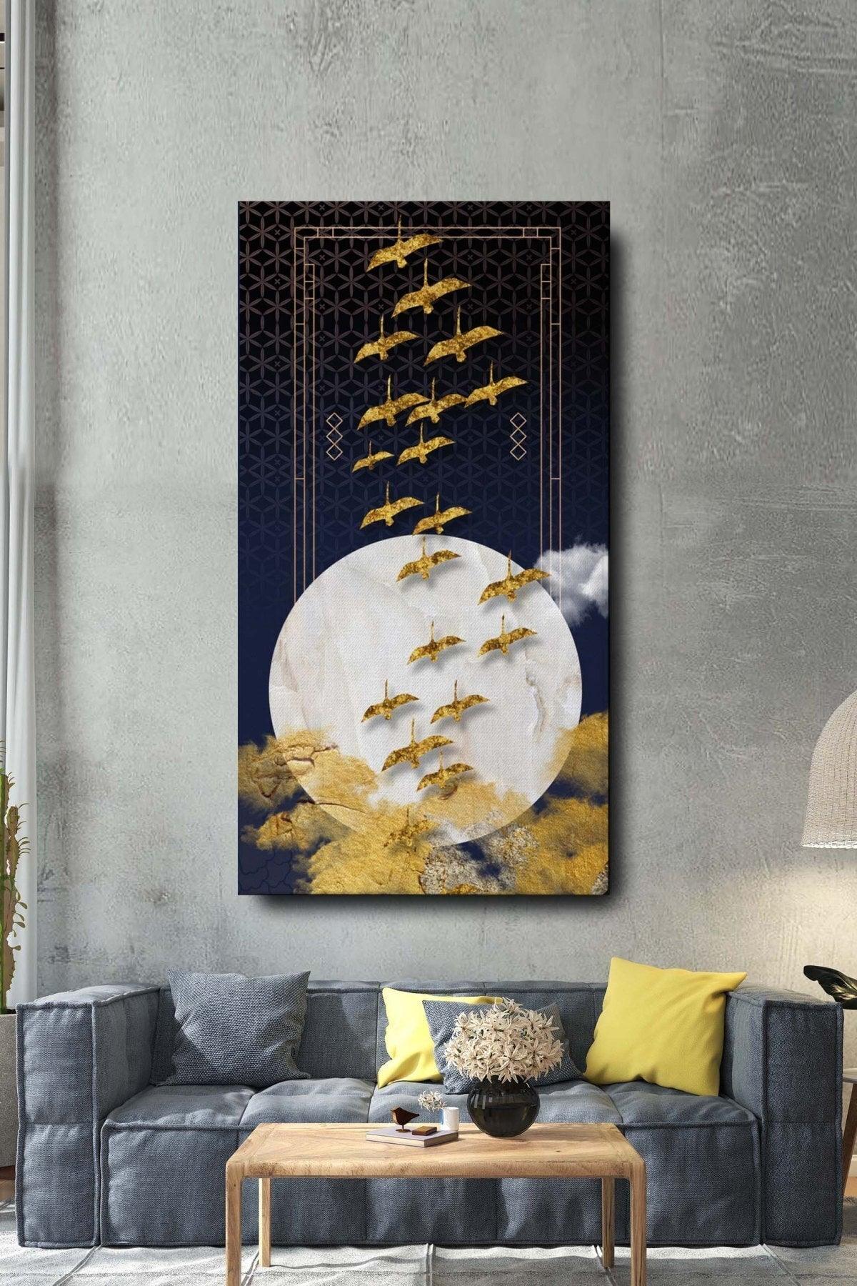 Decorative Abstract Golden Birds Surreal Canvas Wall Painting 120x60cm Large Size Painting - Swordslife