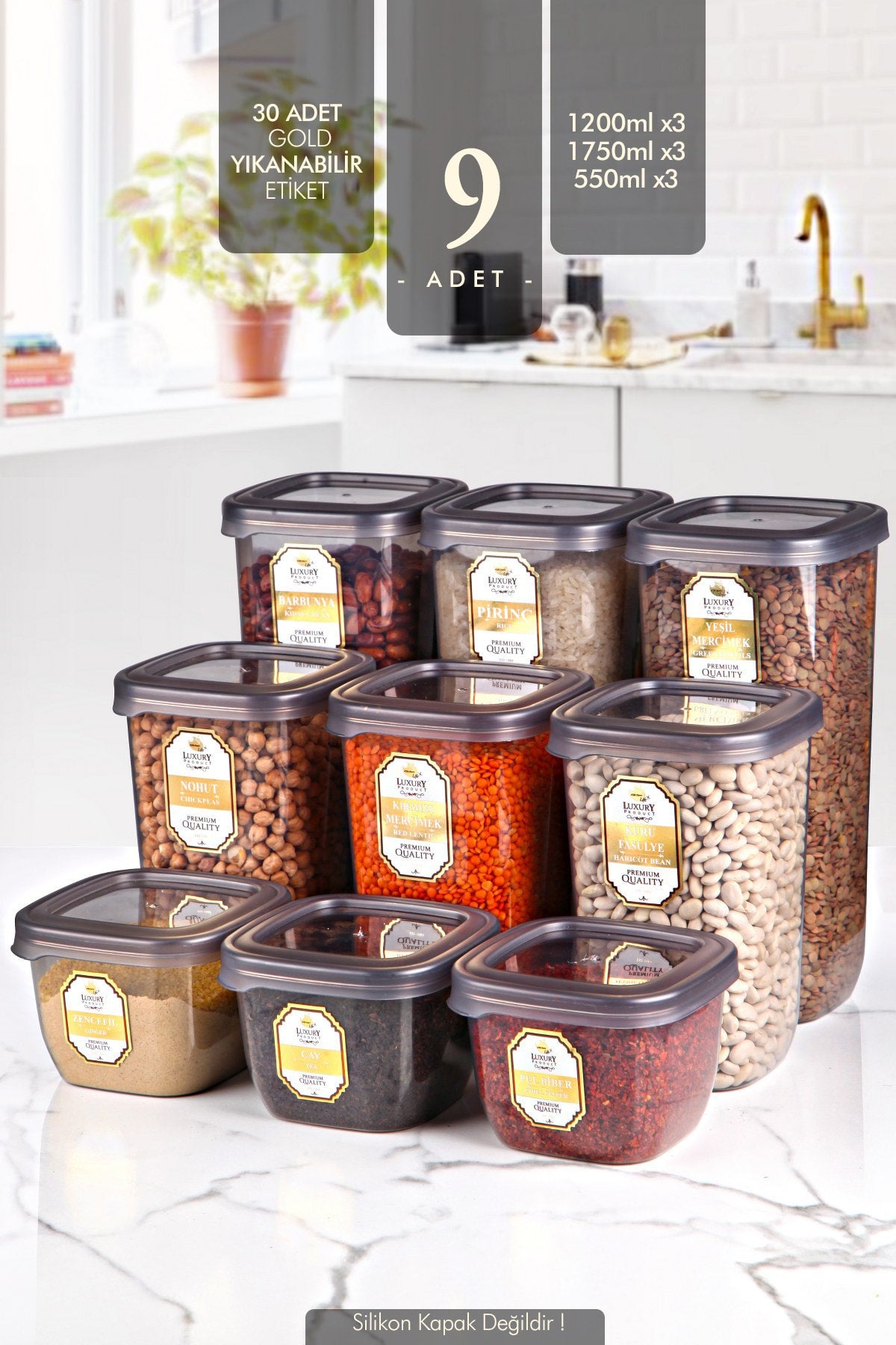 Square Food Storage Container Set With 9 Labels X3(550Ml-1200Ml-1750Ml) Hard Lid Jar