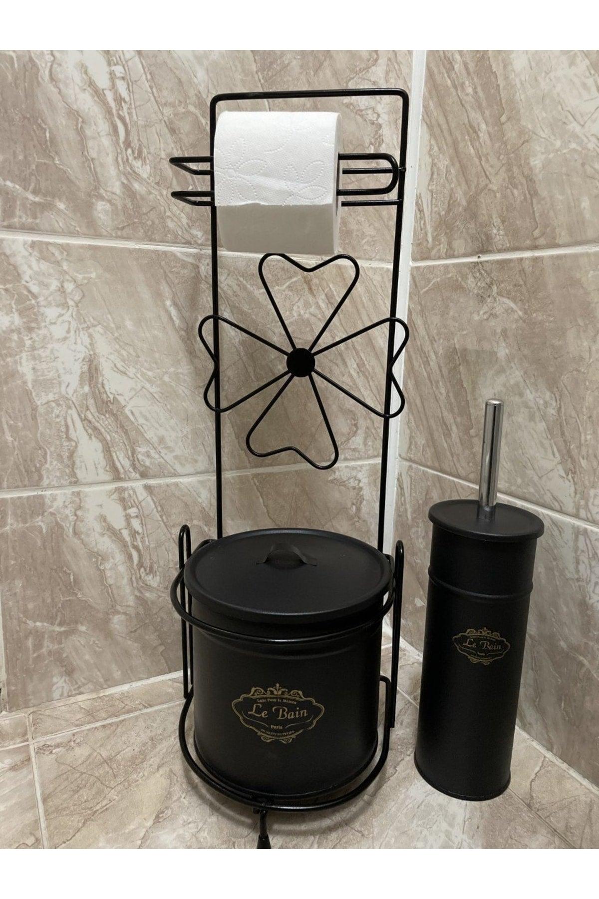 Wrought Iron Wc Toilet Paper Rack Toilet Brush Trash Bucket Black - Swordslife