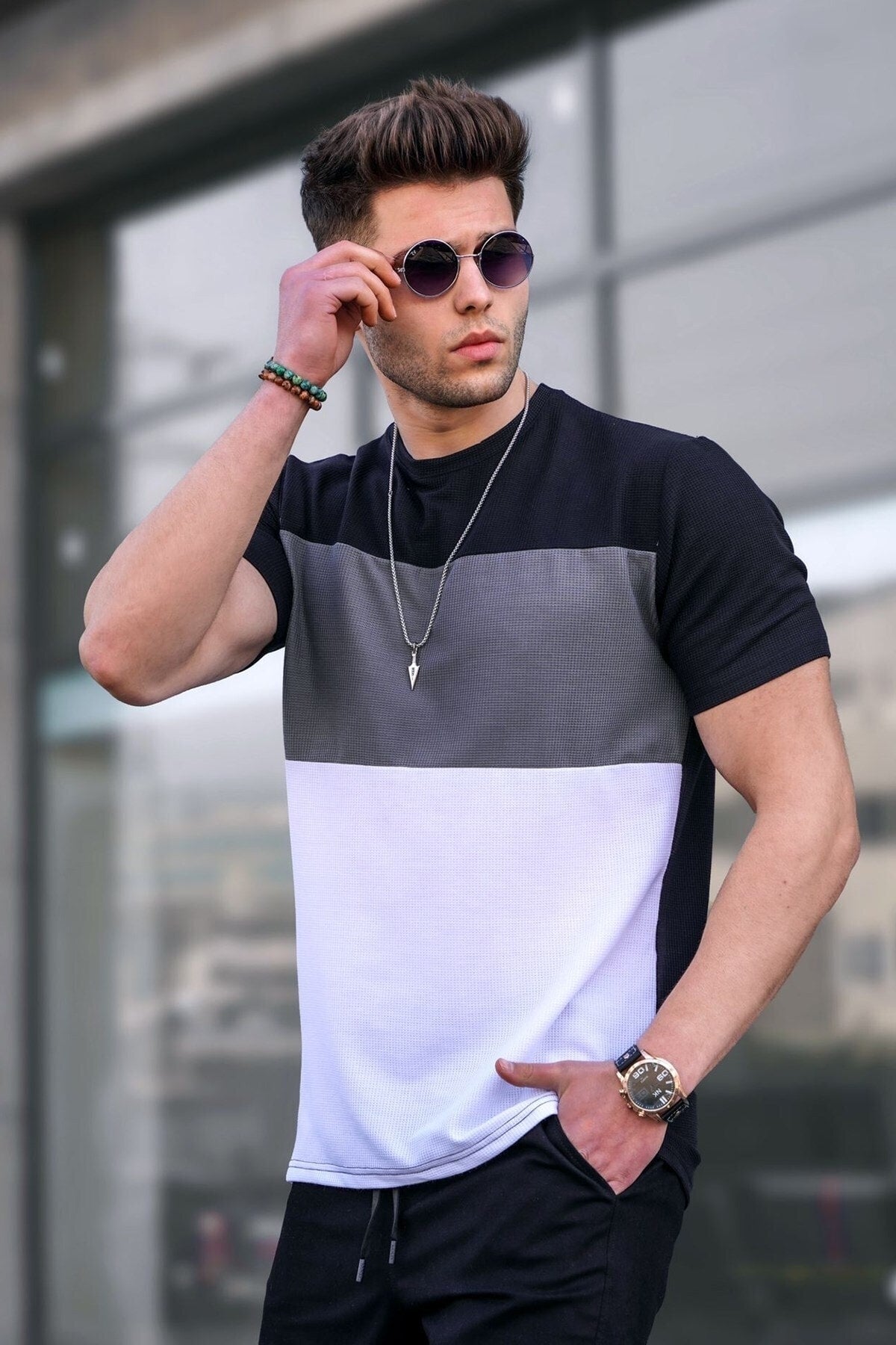 Men'S Color Block Black T-Shirt 5826
