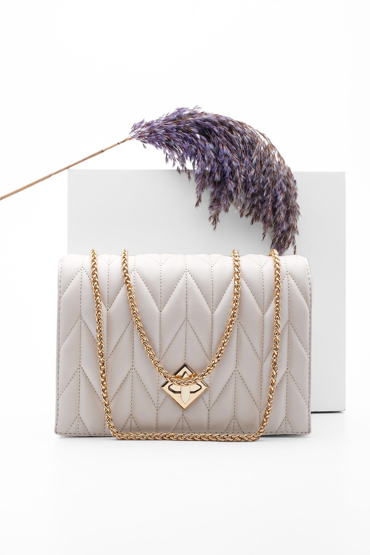 Women's Gold Color Chain Shoulder Bag Delbin Beige