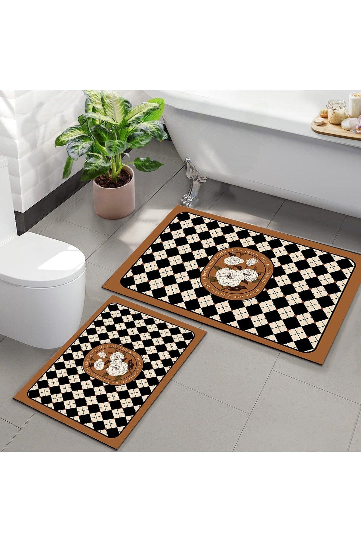 Else Brown Floral Patterned Washable Non-Slip Floor 2 Bathroom Carpet Doormat Closet Set - Swordslife