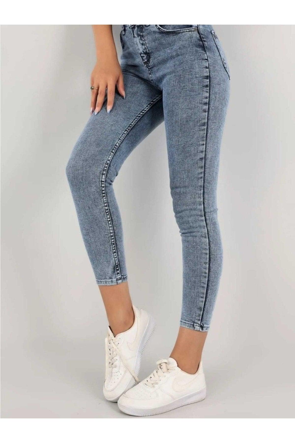 High Waist Snow Wash Light Blue Skinny Jeans Trousers - Swordslife