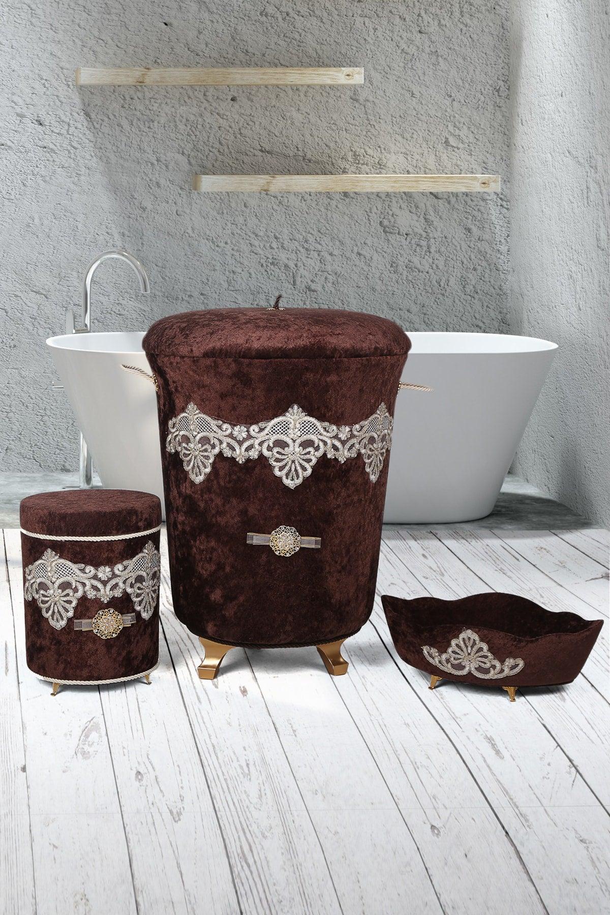 Golden Coffee 3 Pieces Velvet Dowry Lacy Bathroom Dirty Laundry Basket Set - Swordslife