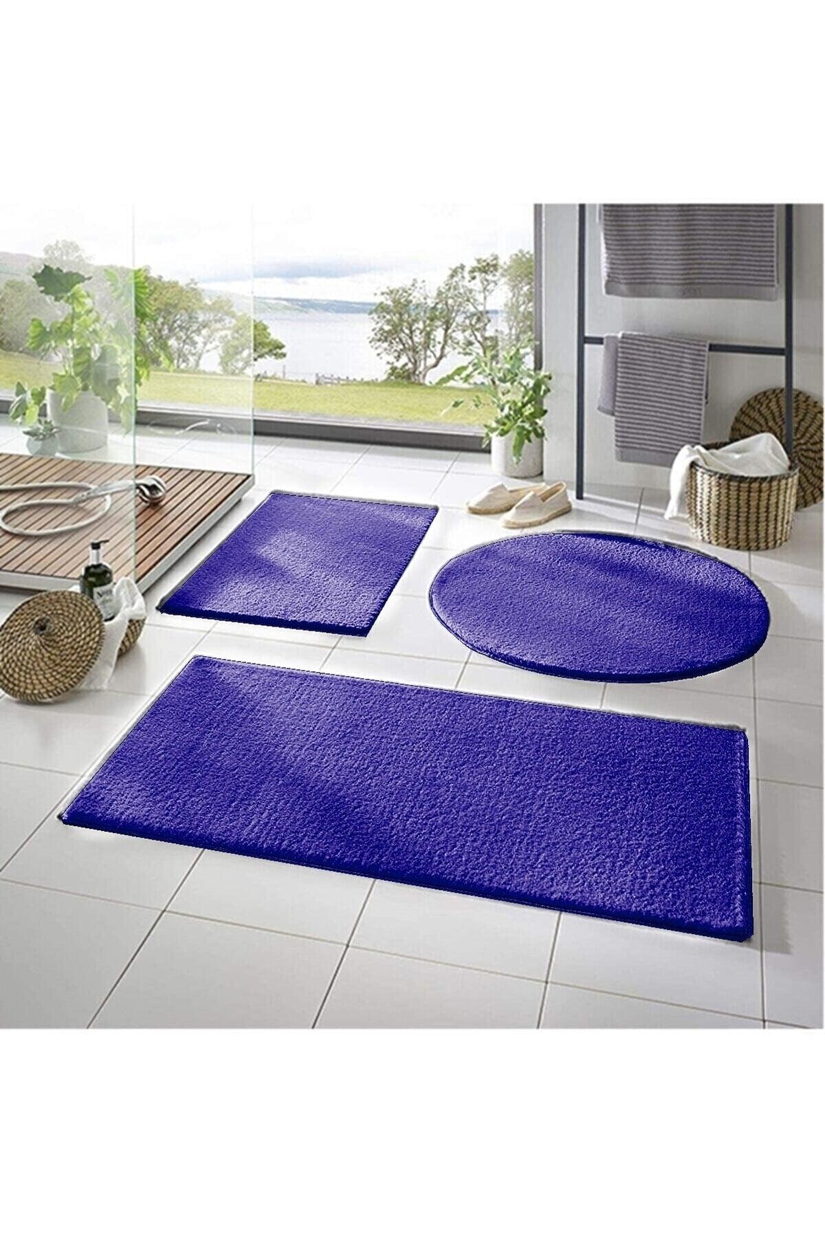 Sarar Post 3 Pcs Bathroom Carpet (60x100, 40x60, 60x60 Round) Plush Post Carpet Closet Set Blue - Swordslife