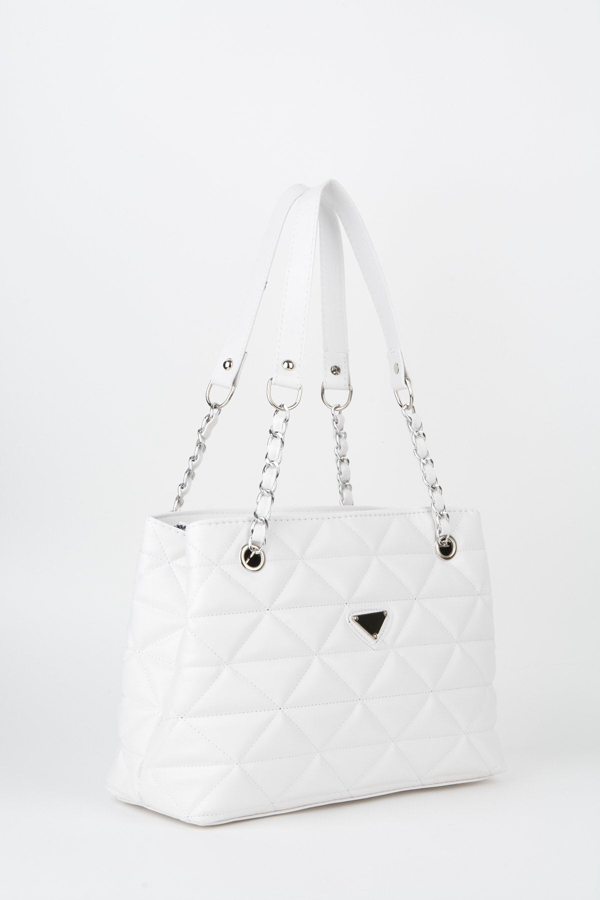 Crocos White Leather Quilted 3 Compartment Zipper Closure Lined Hand Arm And Shoulder Bag With Chain Strap