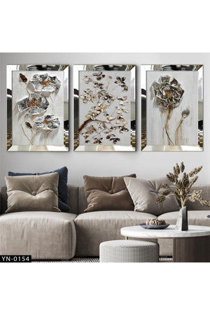 White Background Gray Roses - Silver Mirror Framed Painting Set of 3-hyn-0154 - Swordslife