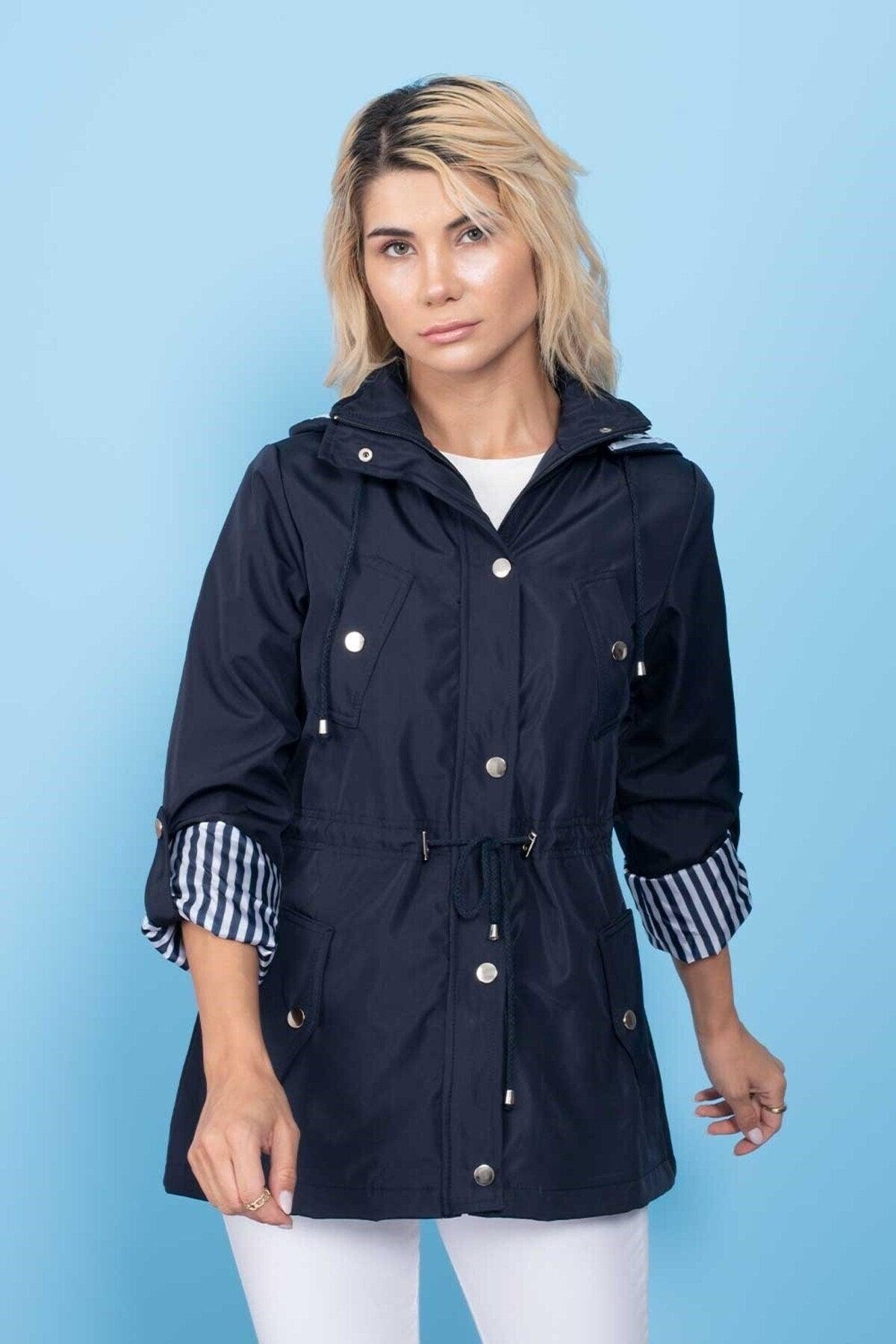 Women's Navy Blue Hooded Seasonal Coat - Swordslife