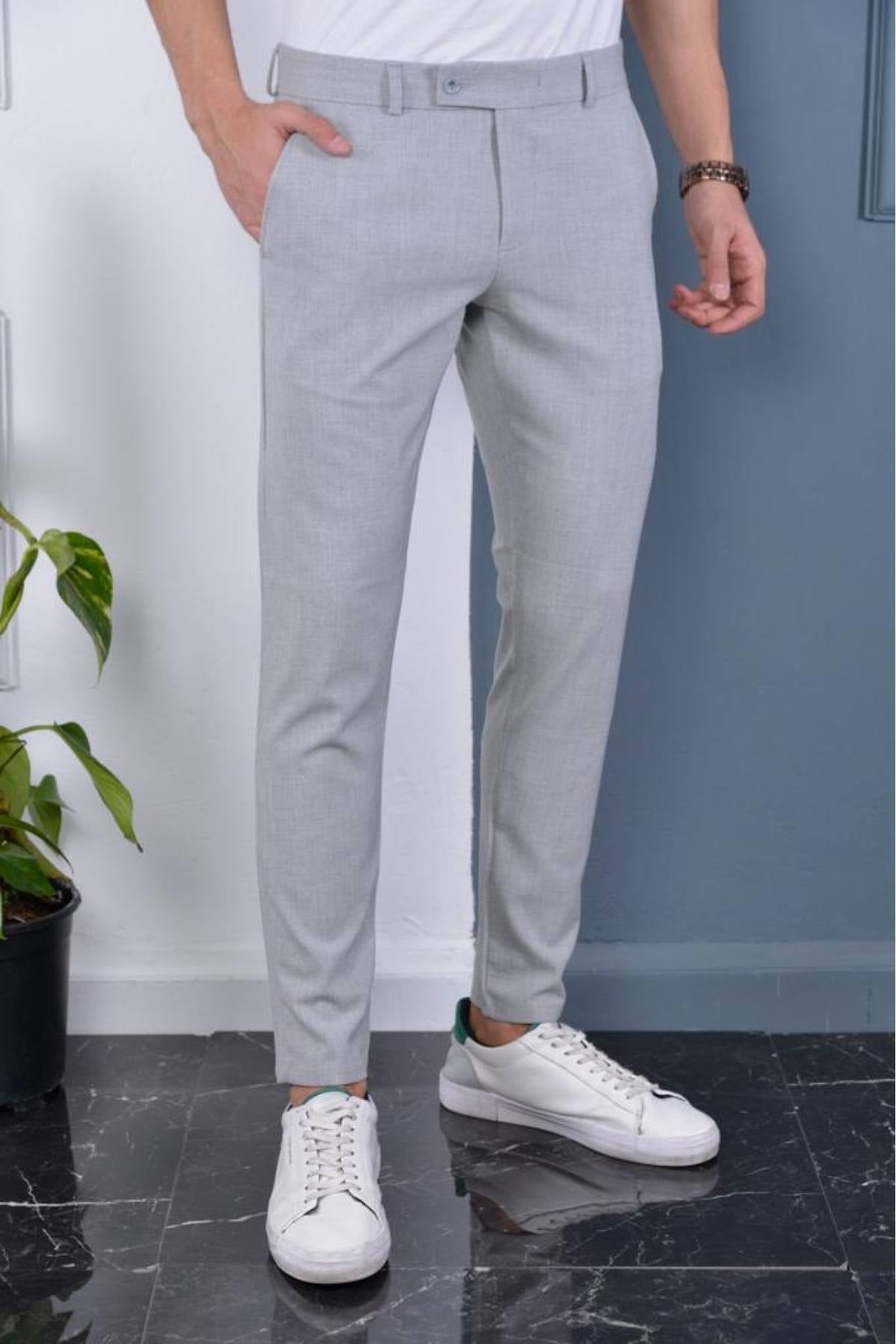 Men'S Gray Color Italian Cut Quality Flexible Lycra Ankle Length Fabric Trousers