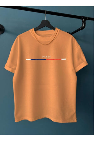 Men'S Papaya Chest Slim Striped Paris Printed Oversize Crew Neck T-Shirt