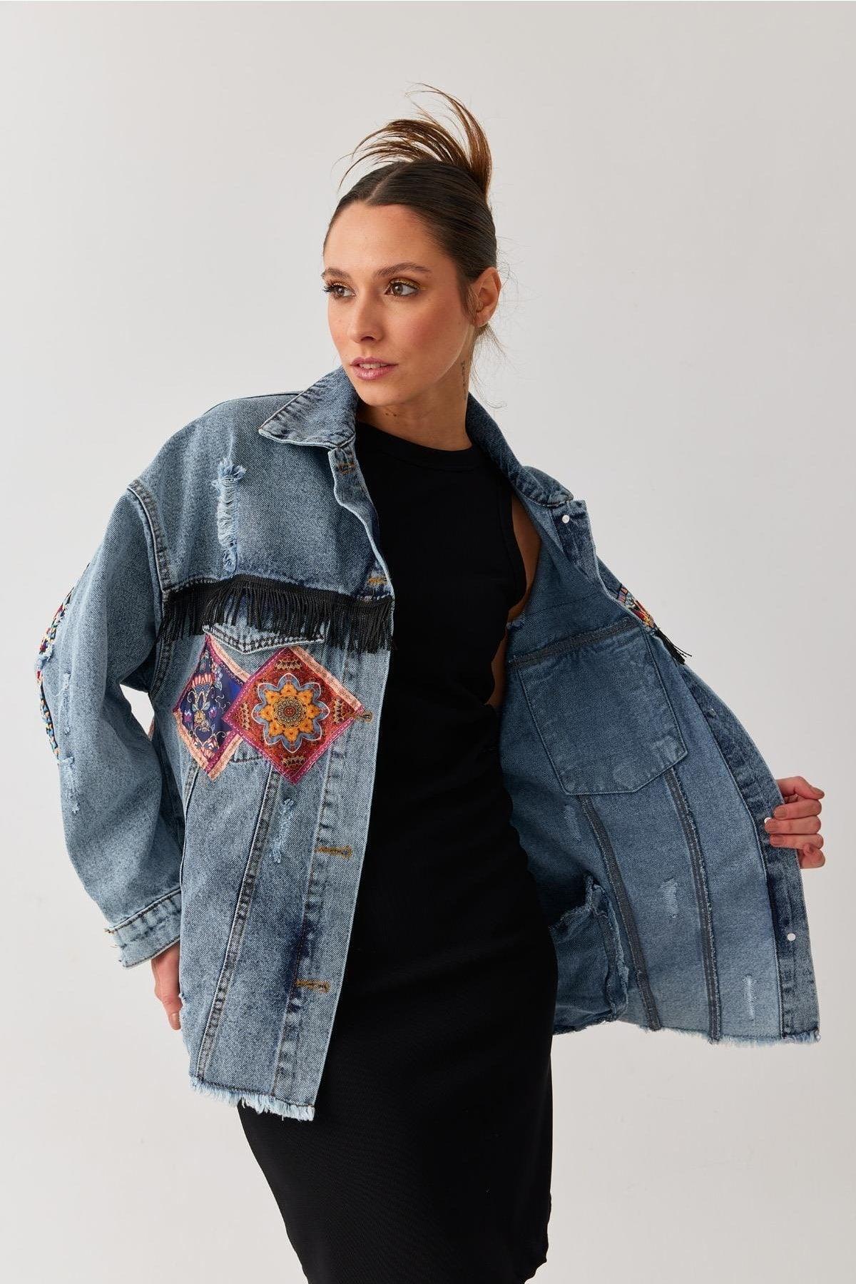 Ethnic Patterned Tasseled Oversize Pocket Denim Jacket - Swordslife