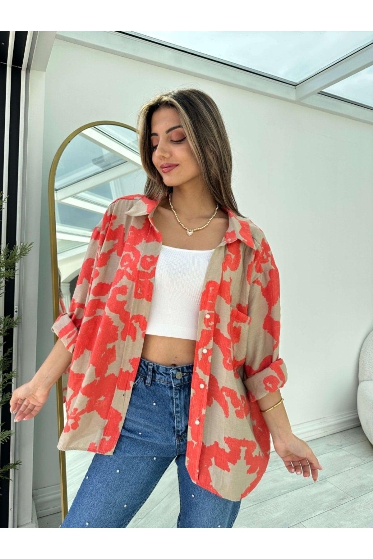 Red Patterned Off Shoulder Oversize Shirt - Swordslife