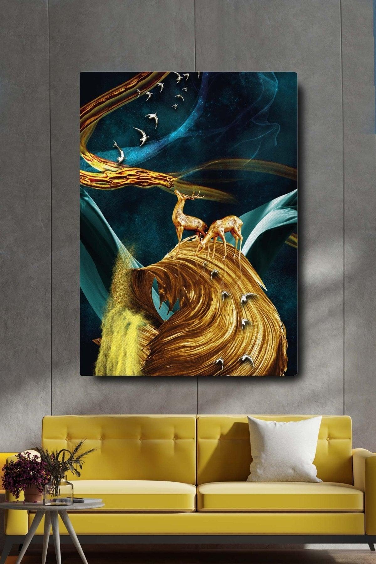 Decorative Abstract Golden Deer And Birds Surreal Canvas Wall Painting - Swordslife