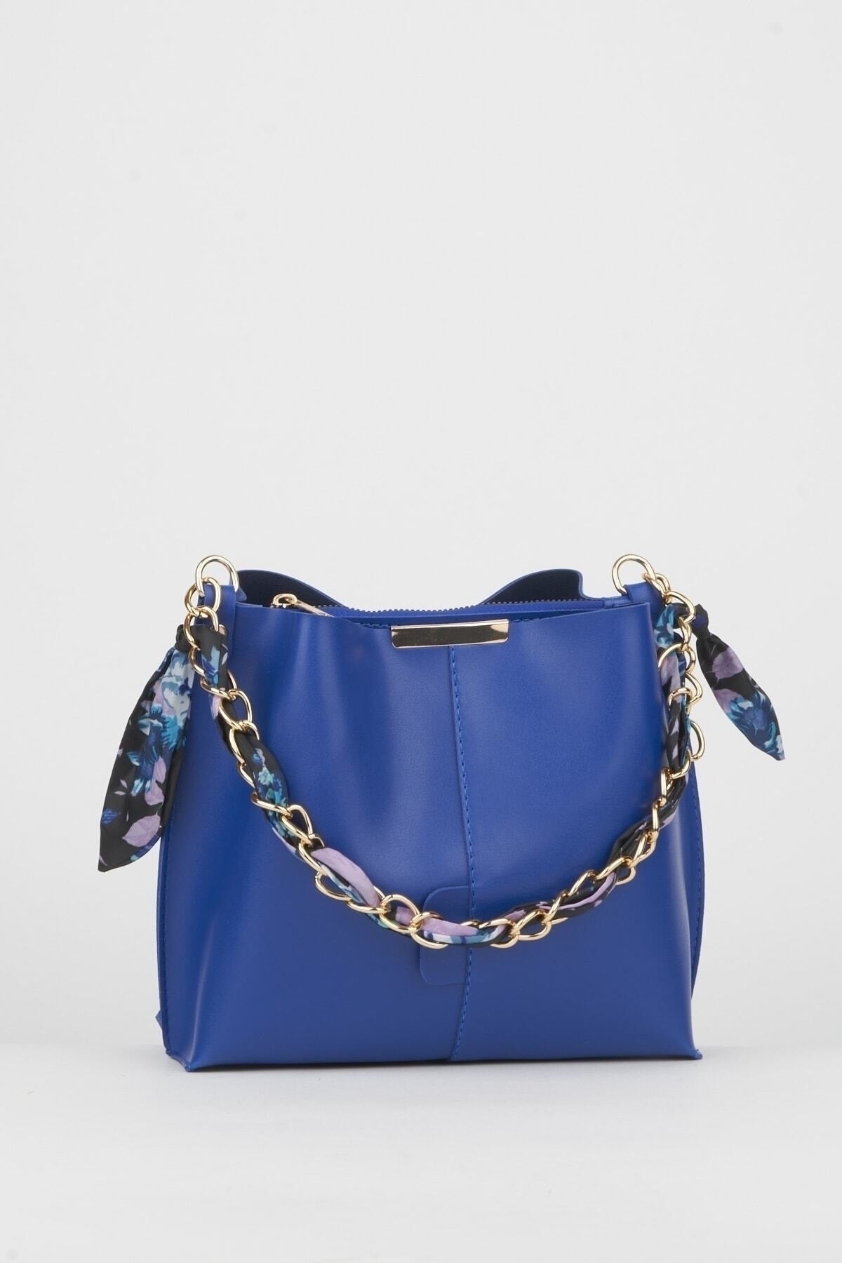 Women's Sax Blue Scarf Chain Accessory Soft Leather 3-Compartment Hand, Arm And Shoulder Bag