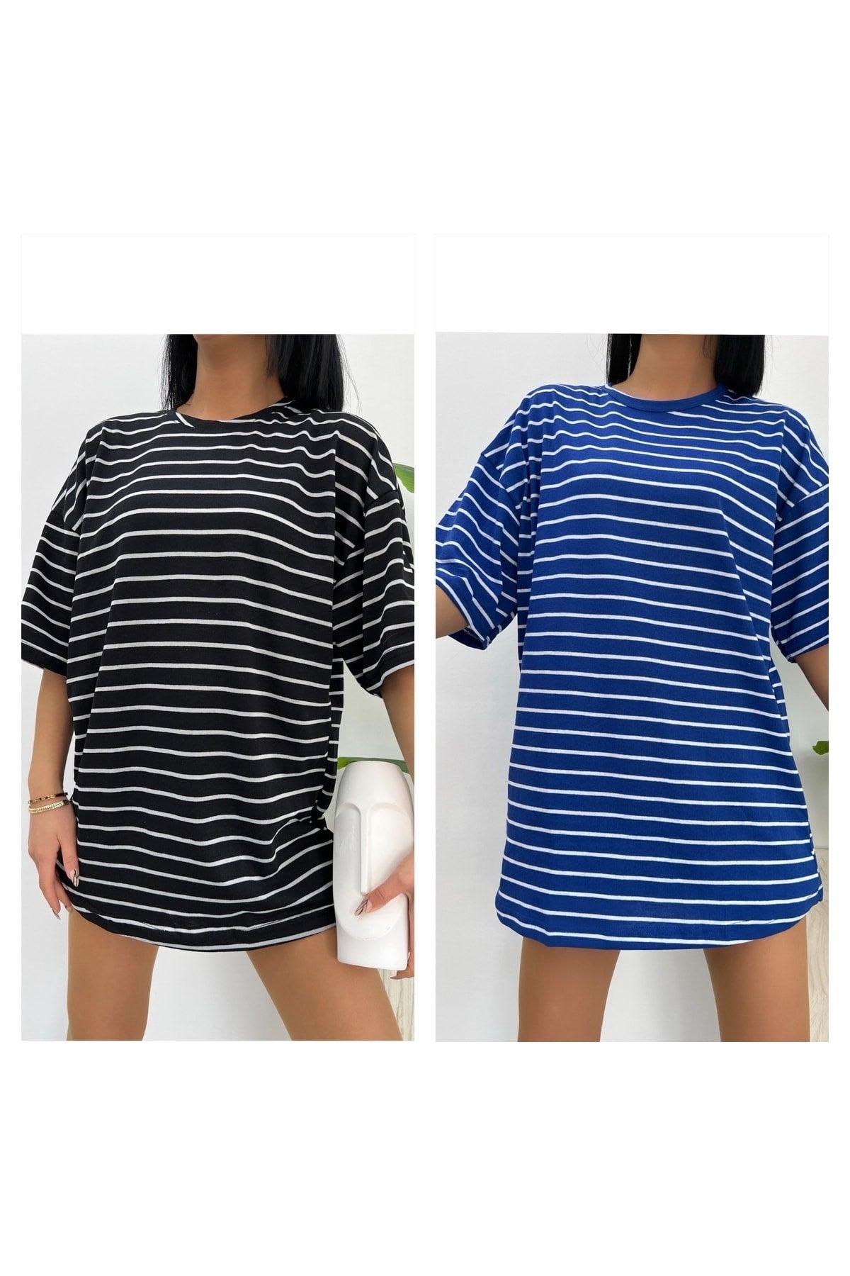 2 Pack Unisex Crew Neck Cotton Striped Oversize Boyfriend T-shirt Beybun Boutique - Swordslife