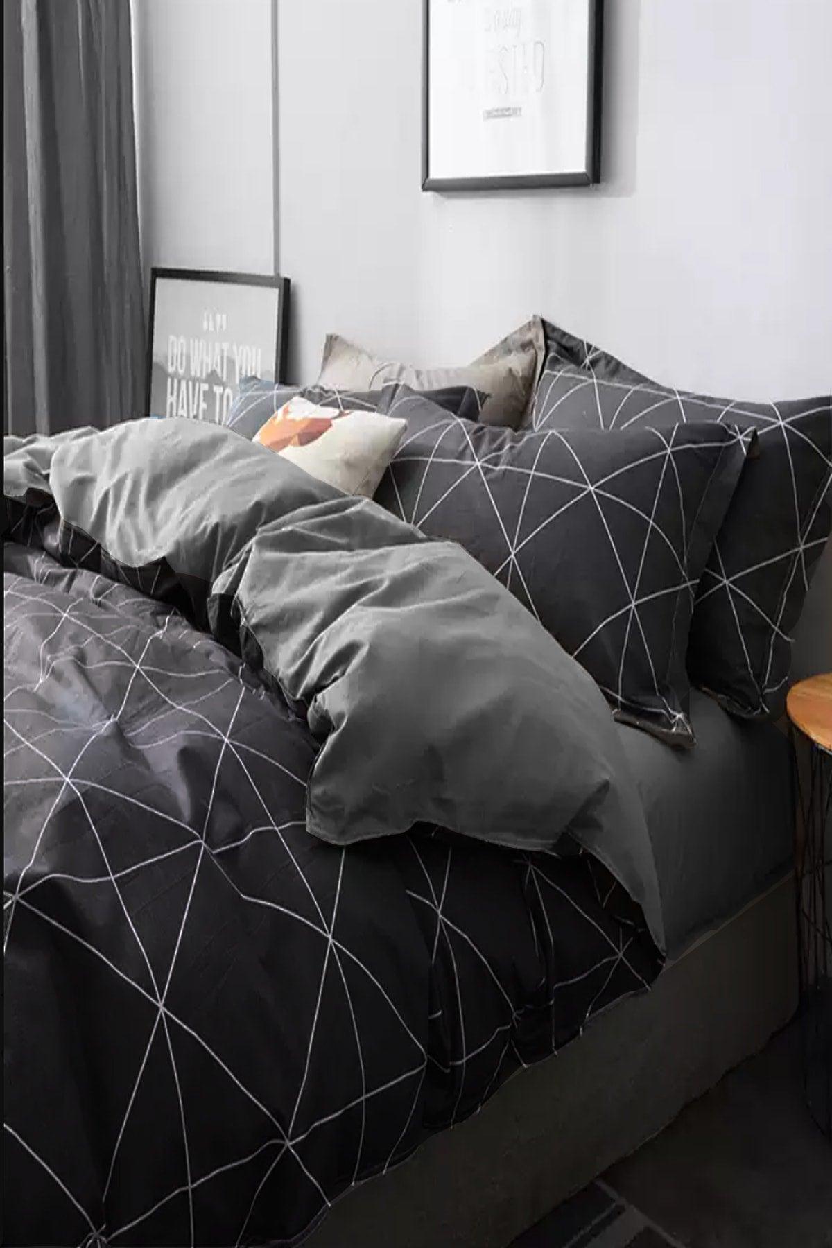 Elastic Linen Duvet Cover Set Single Geometric Basic Gray - Swordslife