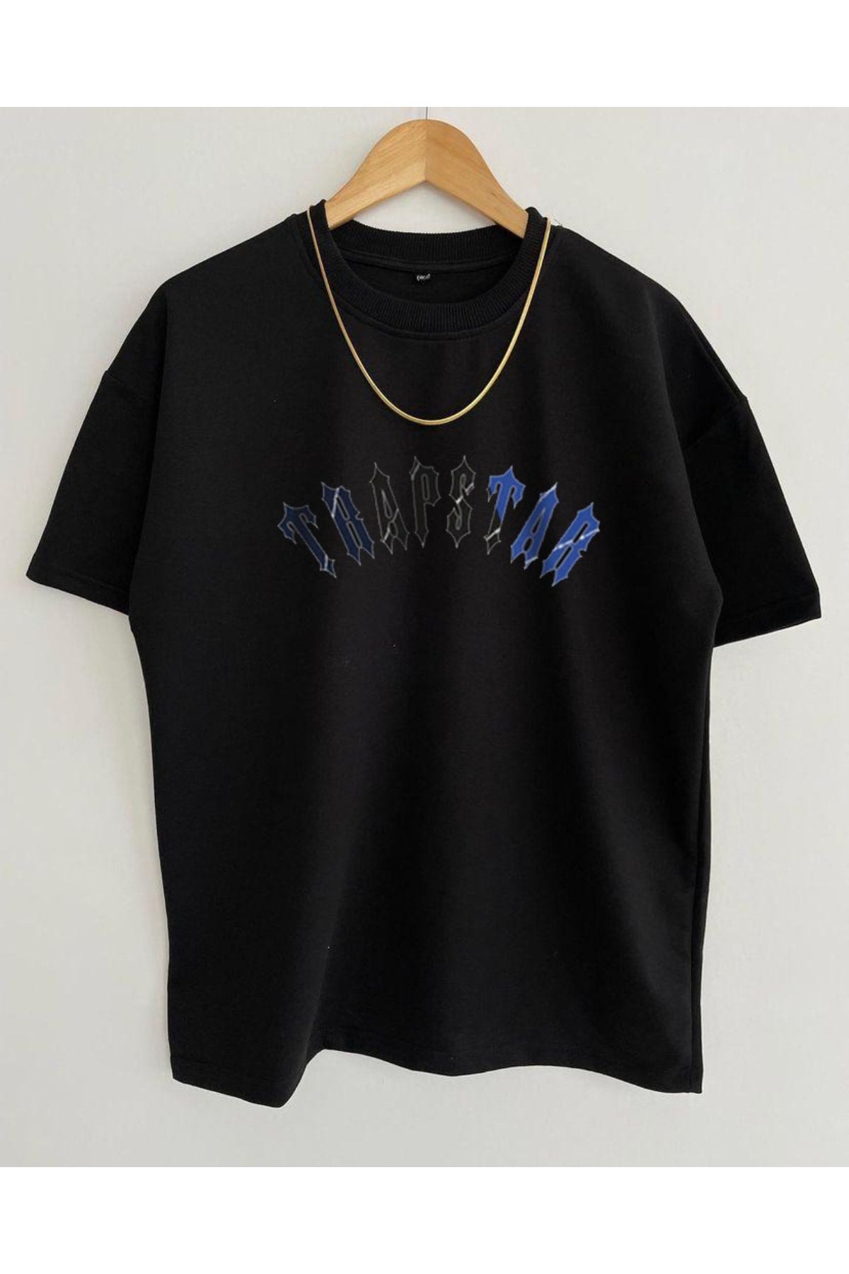 Unisex Black Trapstar Printed Oversize Crew Neck Short Sleeve Cotton T-Shirt