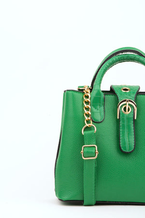 Women'S Green Croco Handle 2 Compartment Snap Zipper Closure Hand And Shoulder Bag With Strap