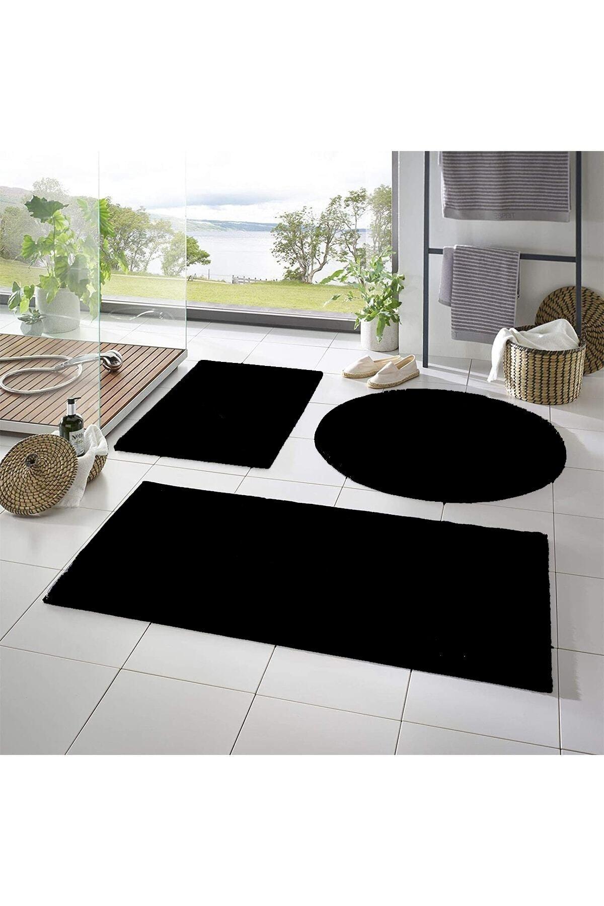 Xxl Large Size Post Plush Bath Mat Triple Set Black Color Non-Slip Base Washable - Swordslife