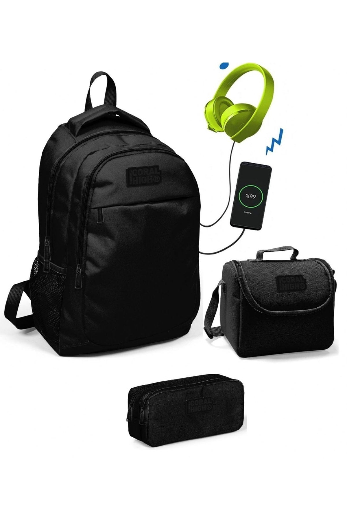 Coral High Boys Black 3-Piece Bag Set - With Usb Socket