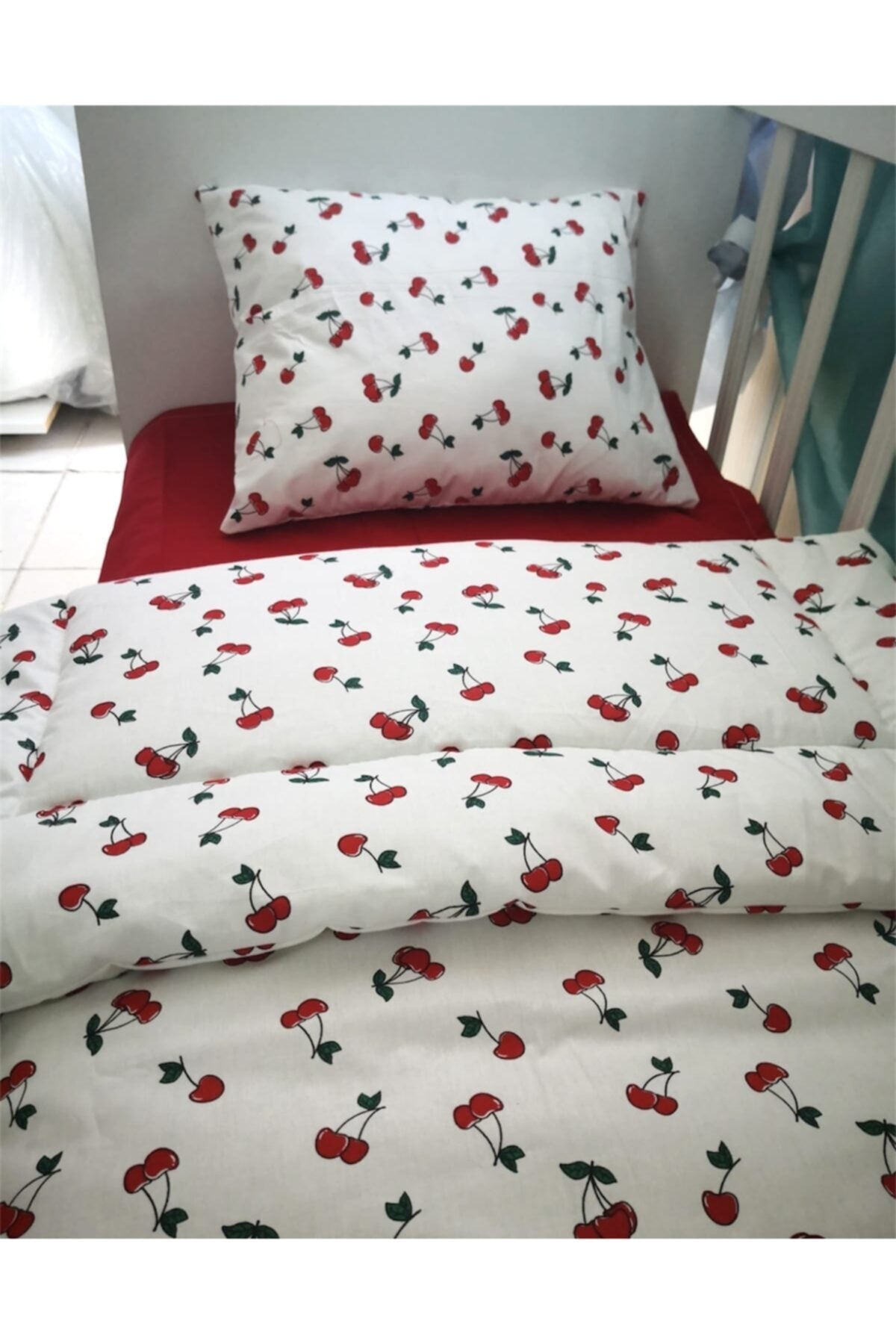 Baby Girl Cherry Red Cotton Duvet Cover Set 100X150