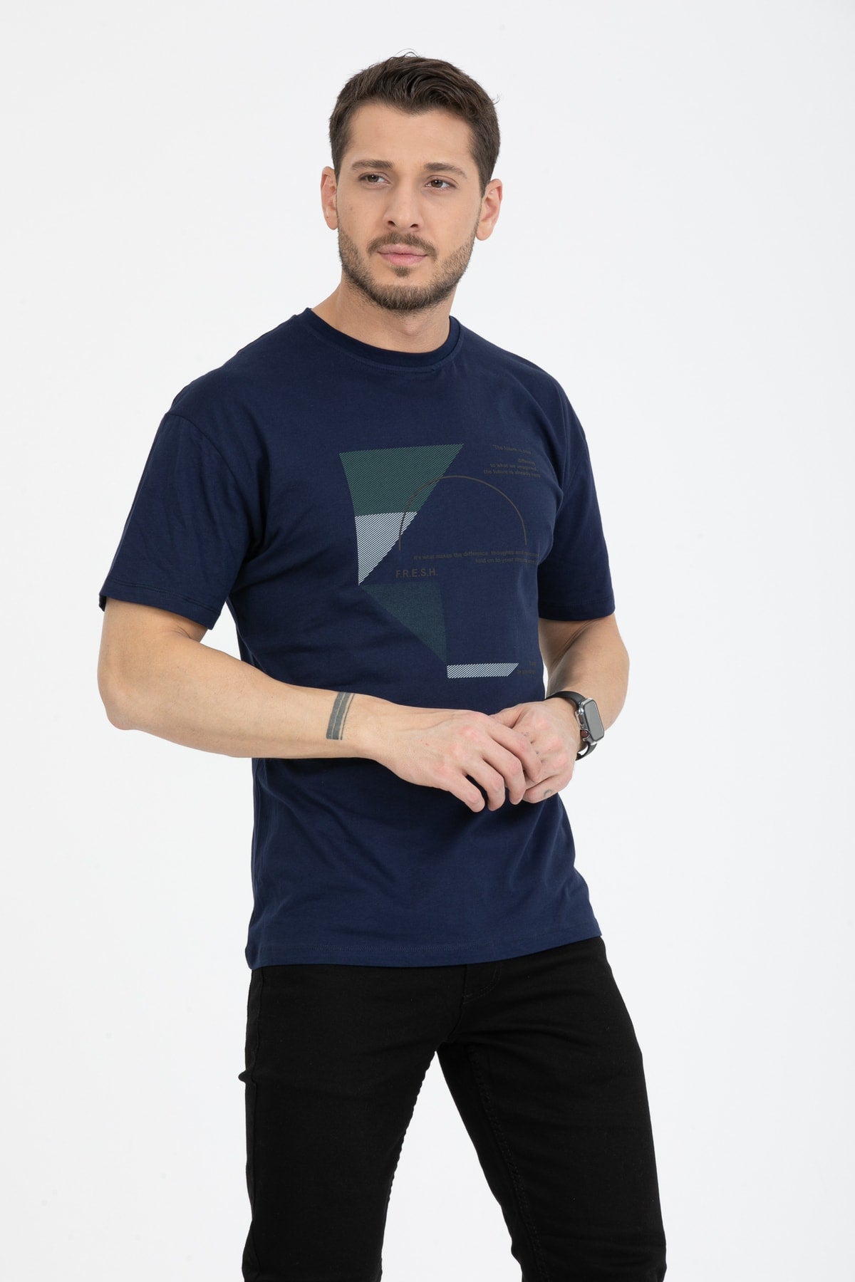 Men'S Printed T-Shirt Regular Fit Navy