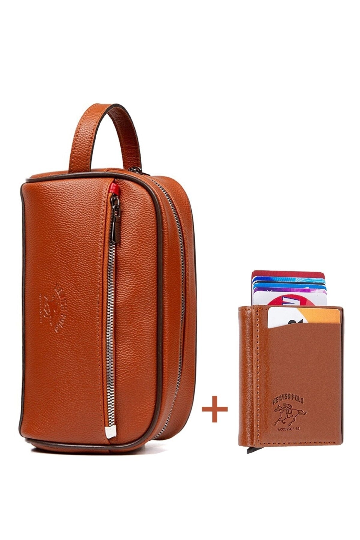 Men'S Leather Travel Shaving Cosmetic Handbag Portfolio Bag And Mechanism Wallet Set