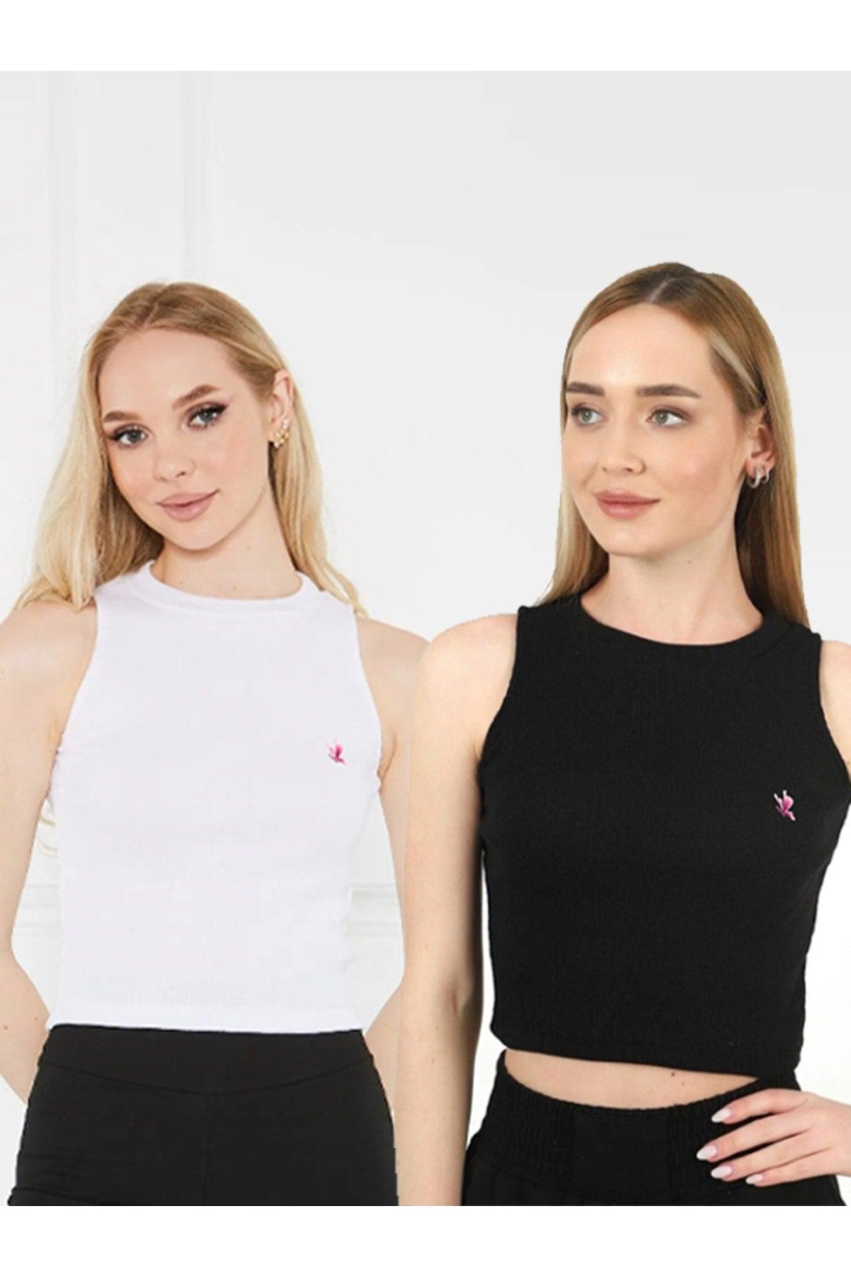 Women's Black and White Butterfly Logo Halter Neck 2-Pack Crop Blouse - Swordslife