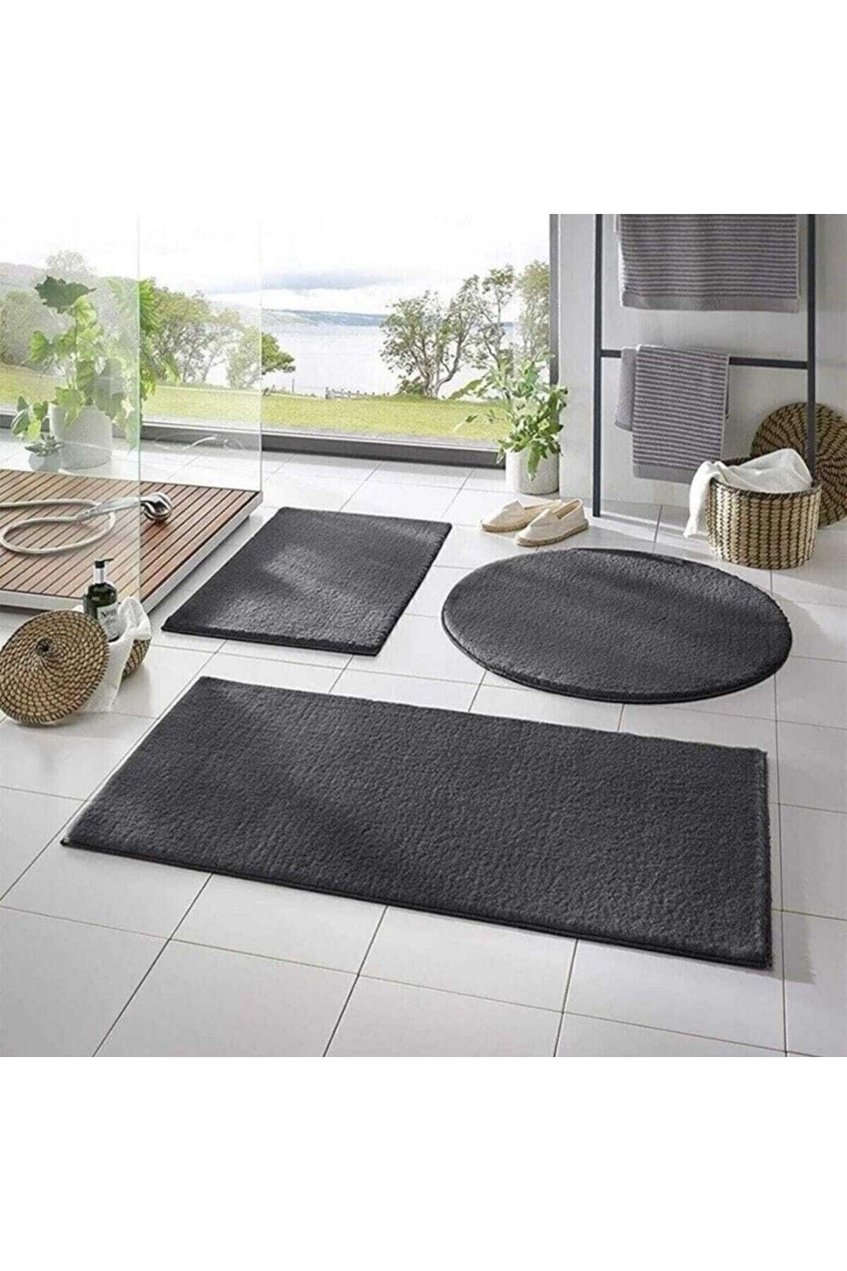 3 Piece Bath Mat Carpet Plush Carpet Closet Set Dark Gray 50x90-50x60--50x50(round) - Swordslife