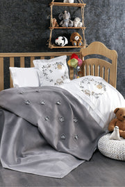 5 Pieces 100% Cotton, 3D Flower And Bird Patterned Cemre Gray Baby Duvet Cover Set
