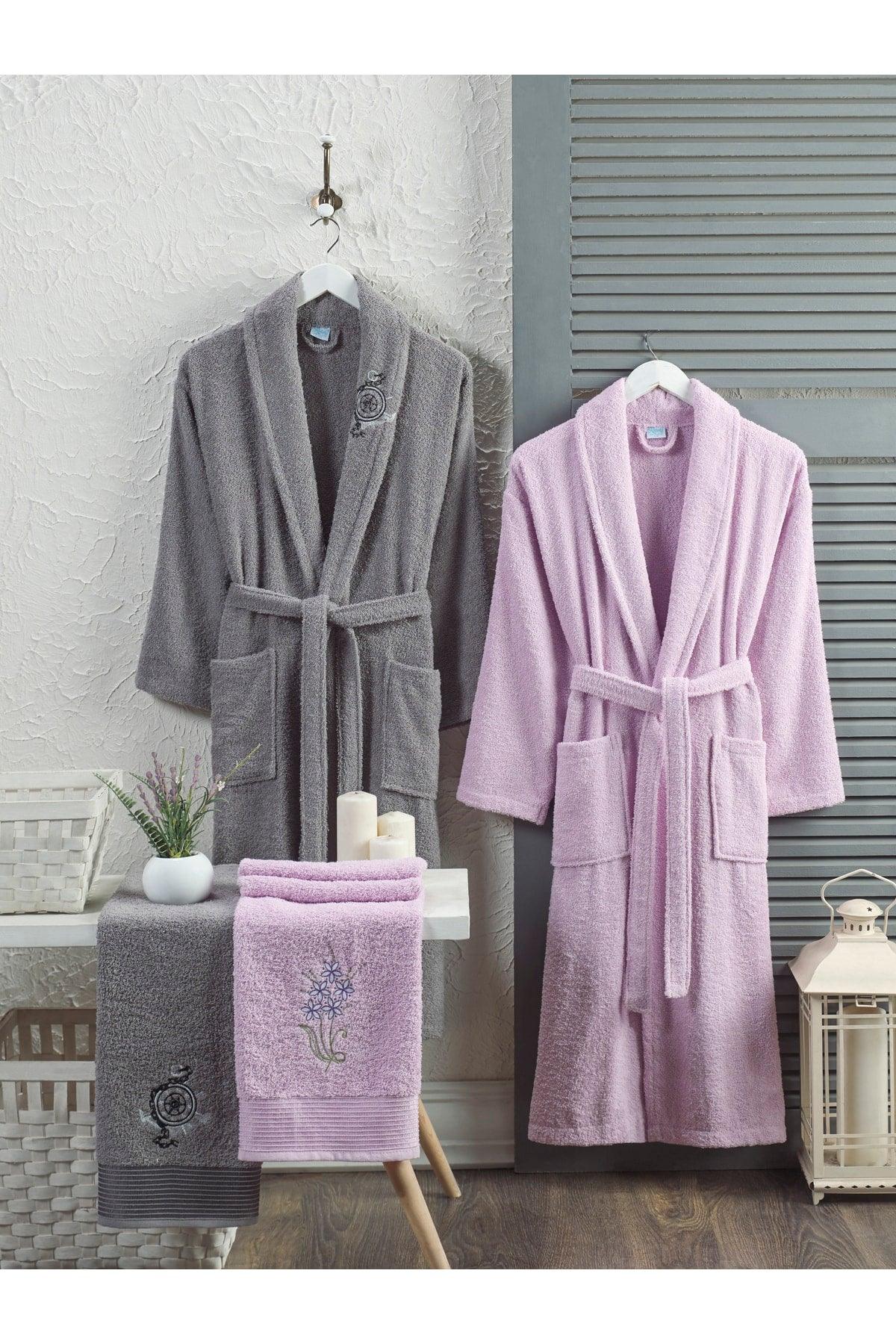 Cotton Embroidered 4-Piece Family Bathrobe Set | Bathrobe Set | Dowry Set | anthracite | Lilac - Swordslife