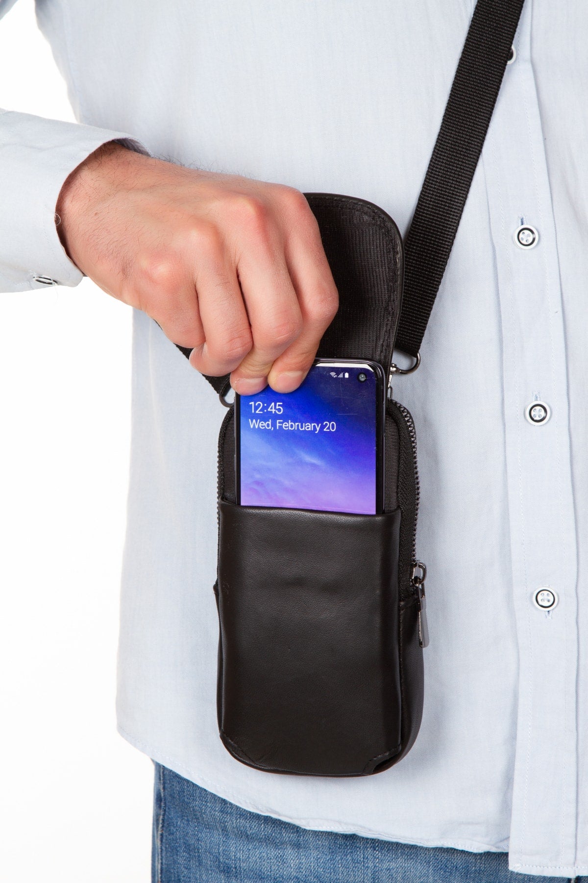 Men'S 100% Genuine Leather Belt And Shoulder Strap Phone Holder Cross Strap Phone Bag