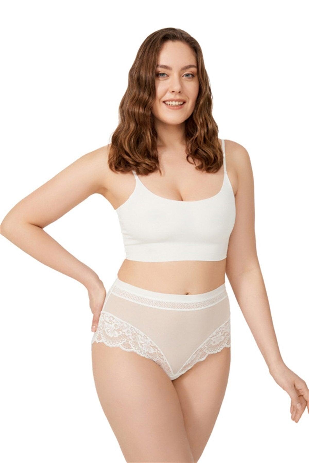 Cream Lace Detailed Transparent Plus Size Bikini Panties - Swordslife