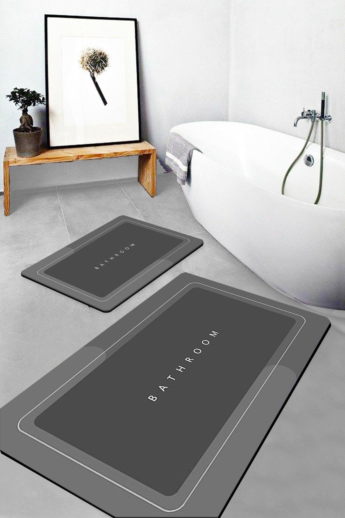 Else Anthracite Bathroom Written Pattern Washable Non-Slip Floor 2 Pcs. Bathroom Carpet Mat Closet Set - Swordslife