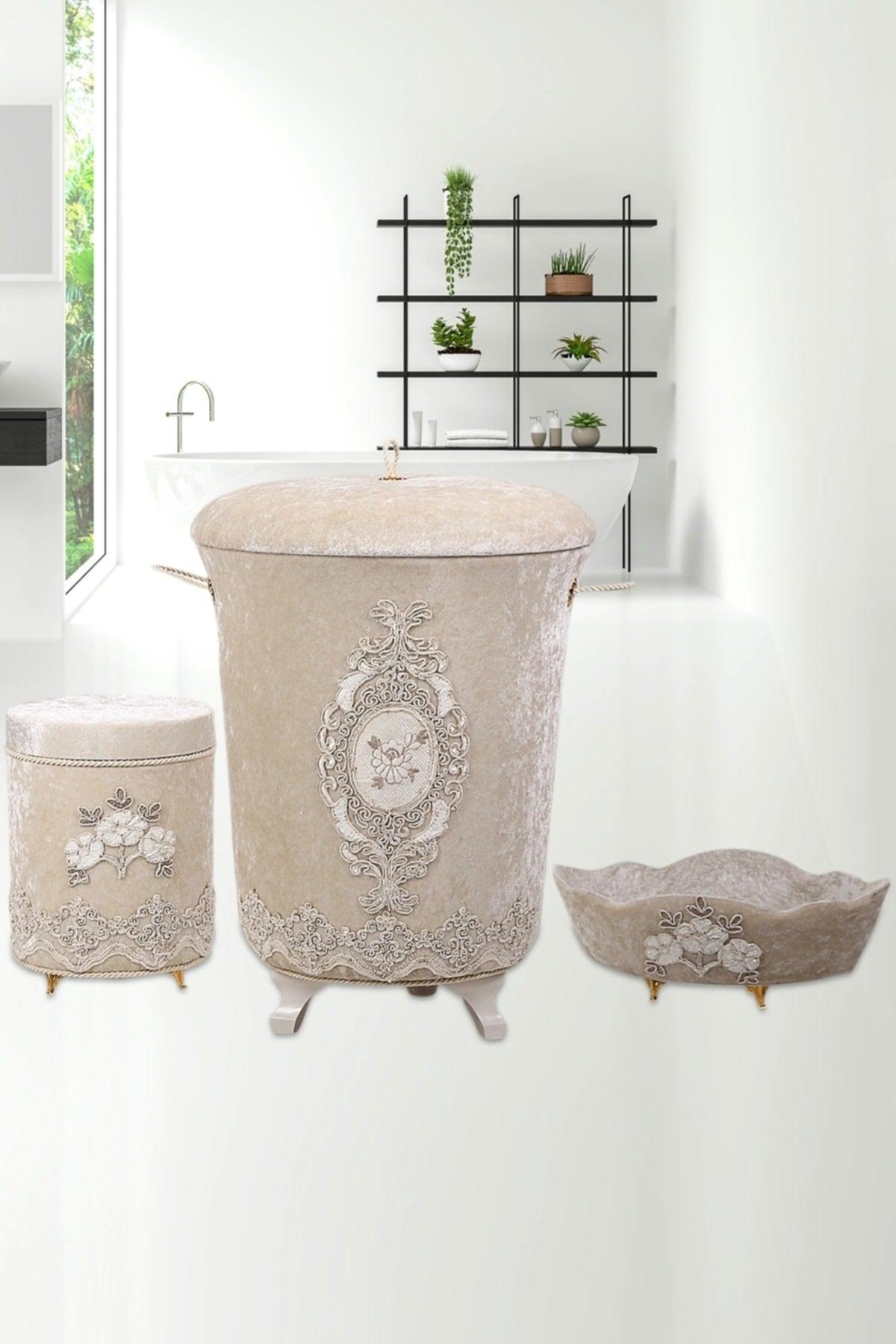 Lisa Mink 3-Piece Velvet Dowry Lacy Bathroom Dirty Laundry Basket Set | Bathroom Set - Swordslife