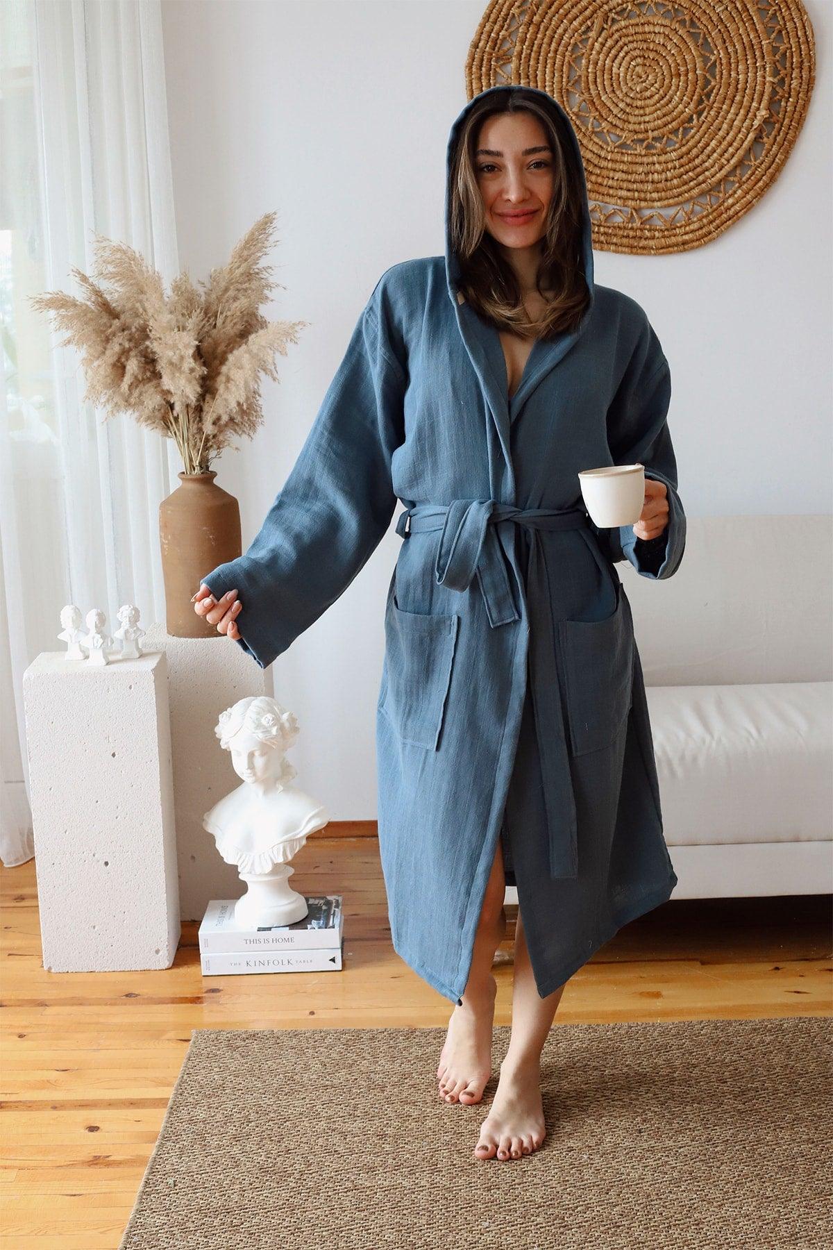 Adult Plain Muslin Bathrobe, Special Design 100% Cotton 2 Layer Hooded Indigo Blue - Swordslife