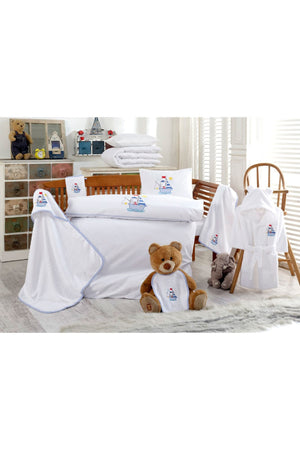 Baby Set - 10 Pieces - Bed Linen + Bathrobe - - Sailboat