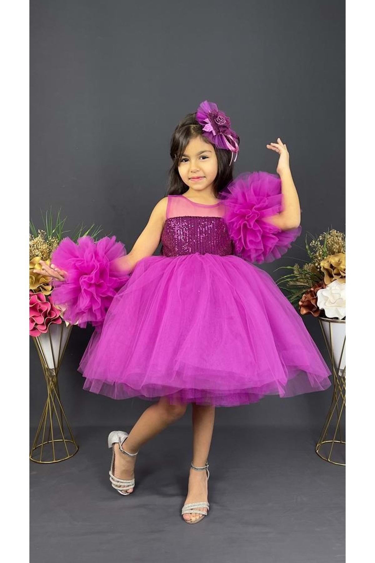 Chiffon Robe Pompom Sleeve Sequined Girls Fluffy Skirt Tulle Evening Dress Purple