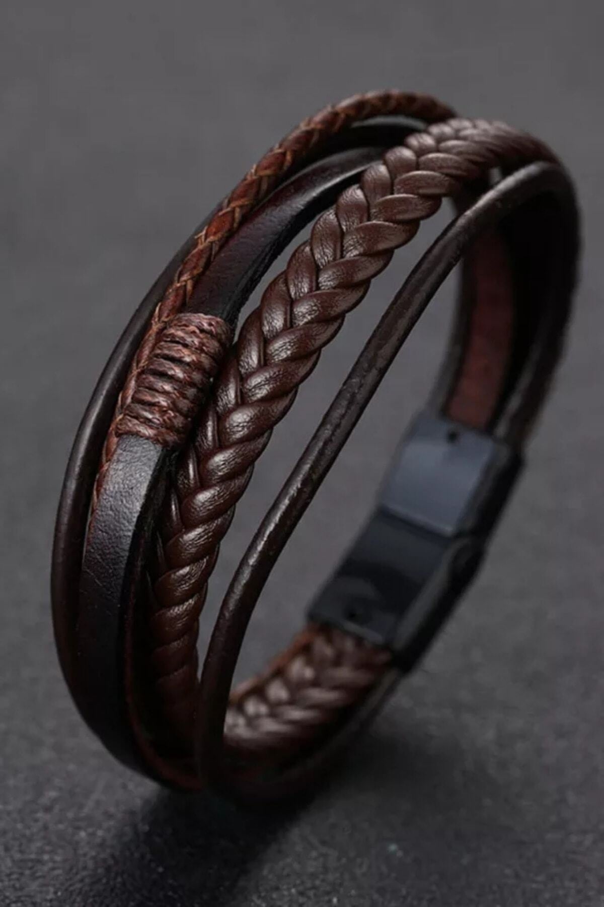 Men'S Genuine Leather Bracelet Brown Color Magnetic Clasp Braided Bracelet
