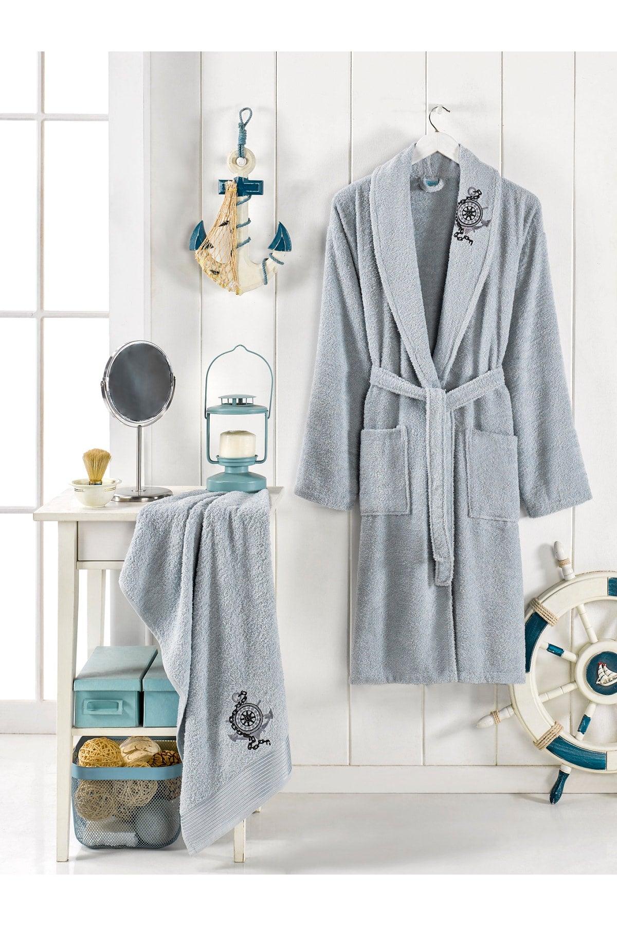 2 Pcs Cotton Embroidered Towel Bathrobe Set - Swordslife