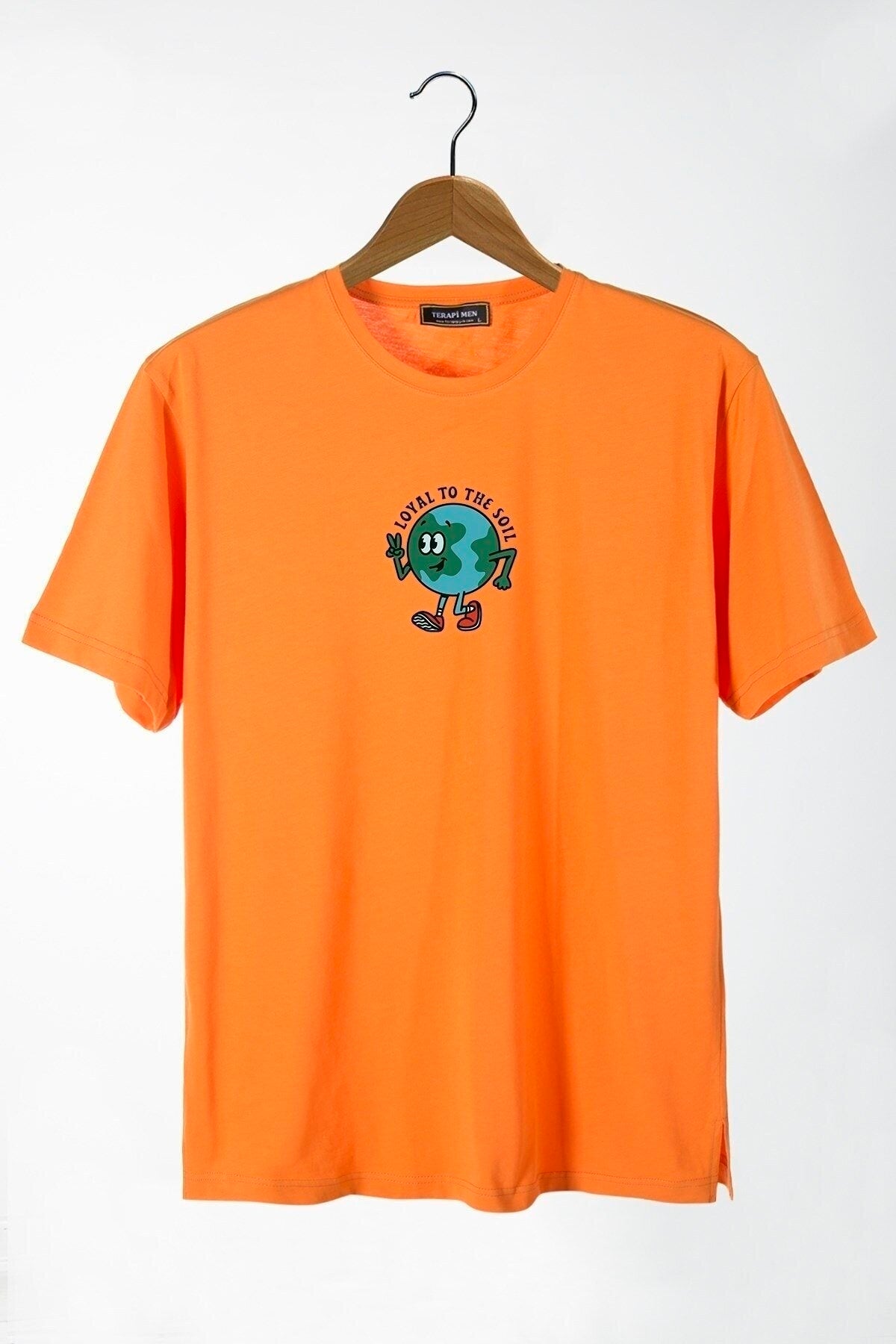 Men'S Orange Crew Neck Front World Printed Oversize T-Shirt