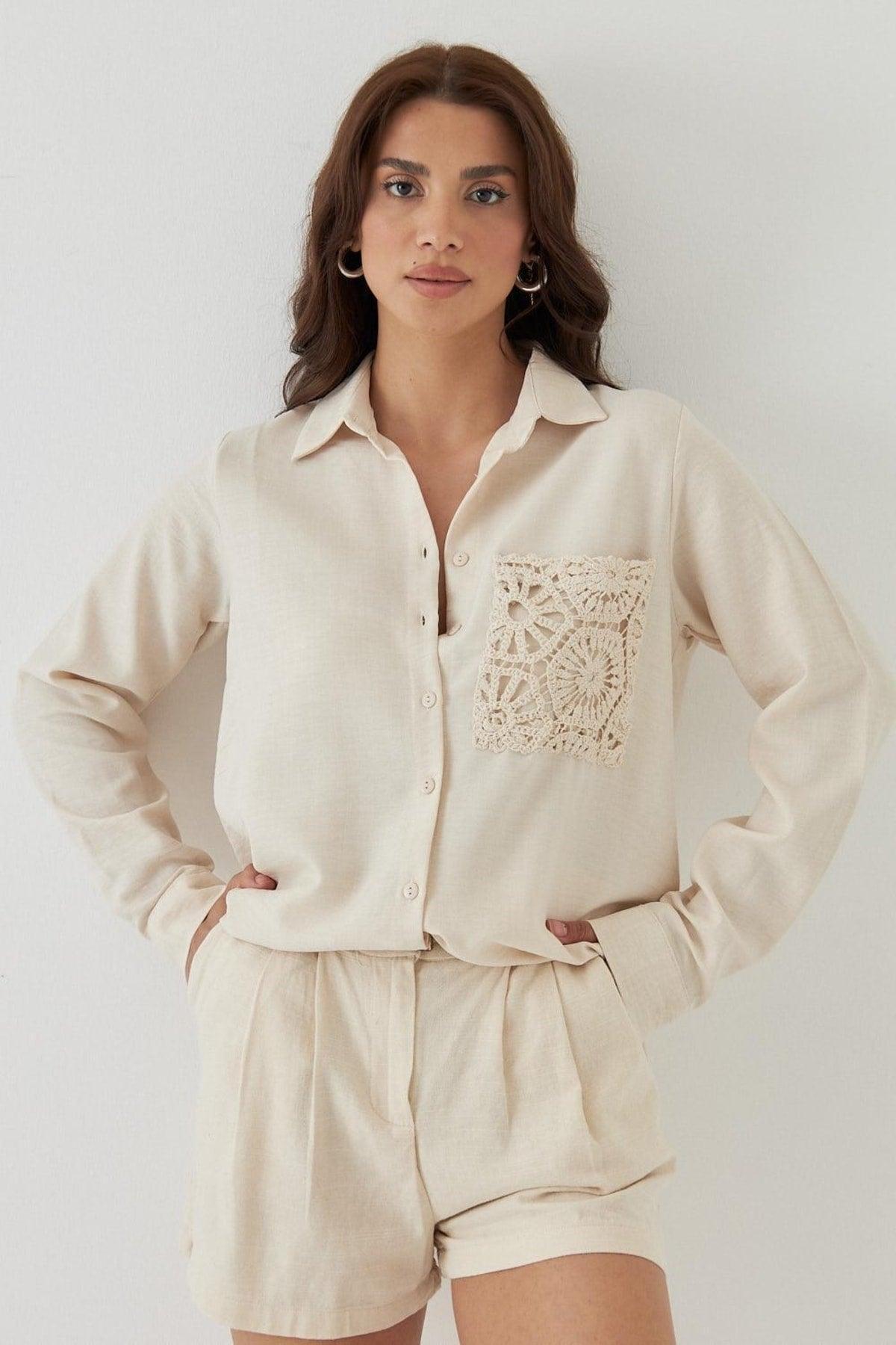 Crochet Detailed Long Sleeve Beige Women's Shirt - Swordslife