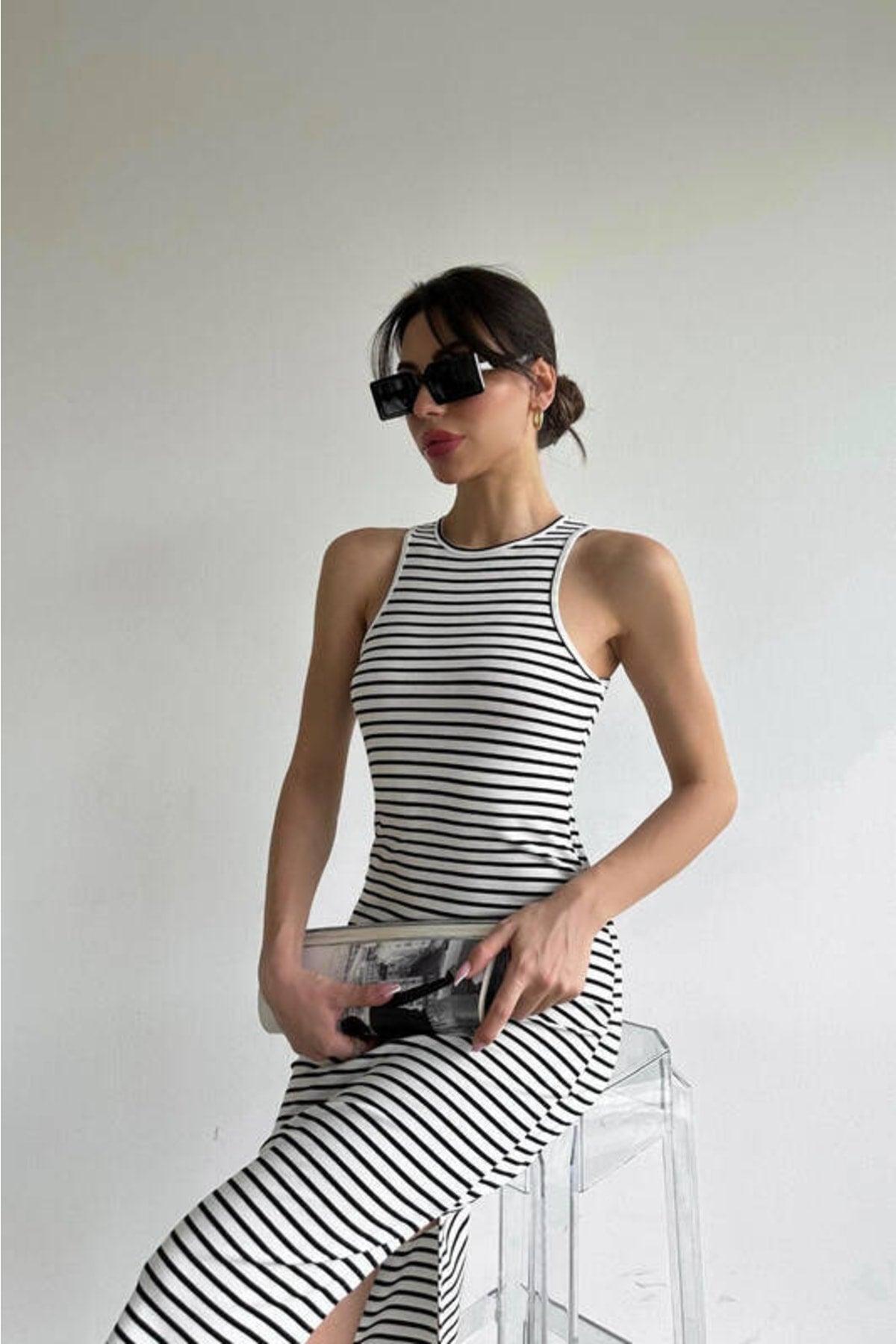 Black and White Striped Midi Length Pencil Dress (zck0486) - Swordslife